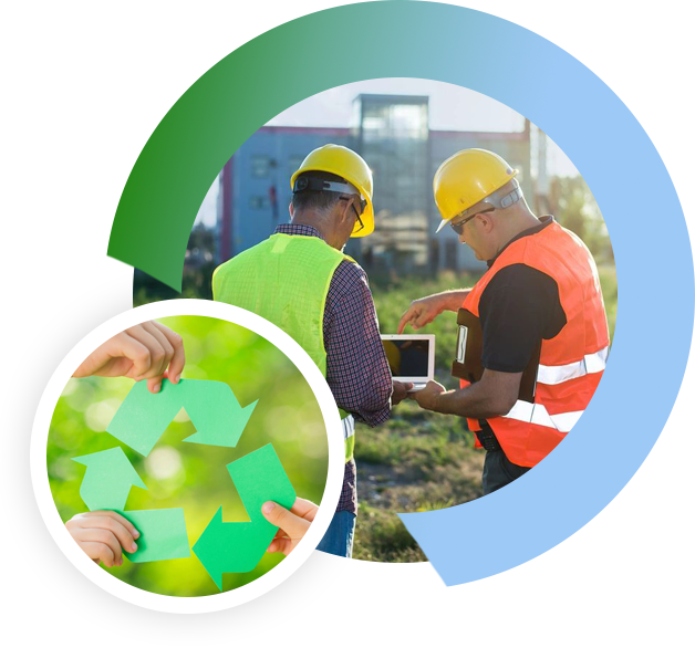 A group of people wearing hard hats and vests.