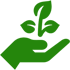 A green hand holding a plant with leaves coming out of it.