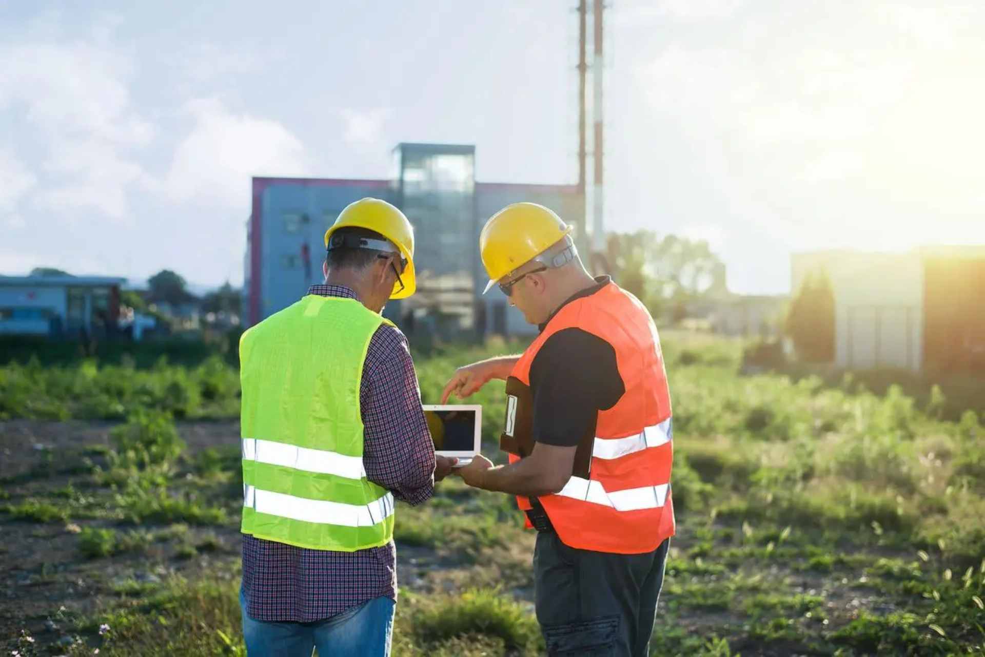 Two men in safety vests and hard hats looking at a laptop.